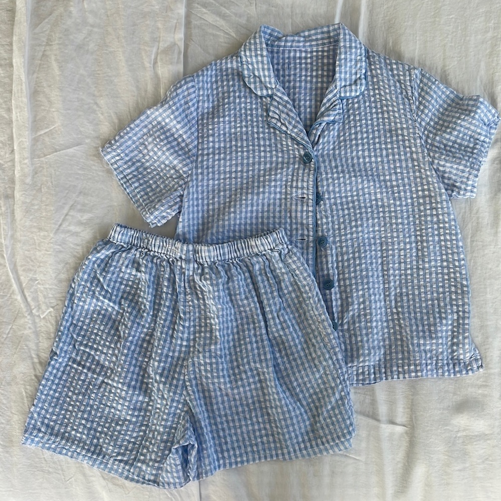 Blue + White Gingham Seersucker Sleep Set